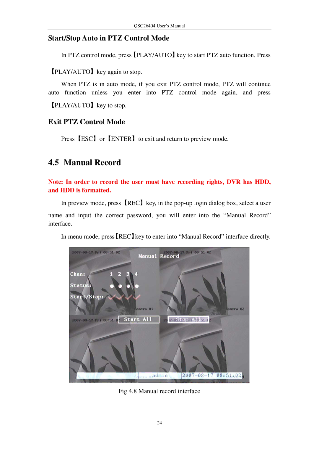 Q-See QSC26404 user manual Manual Record, Start/Stop Auto in PTZ Control Mode, Exit PTZ Control Mode 