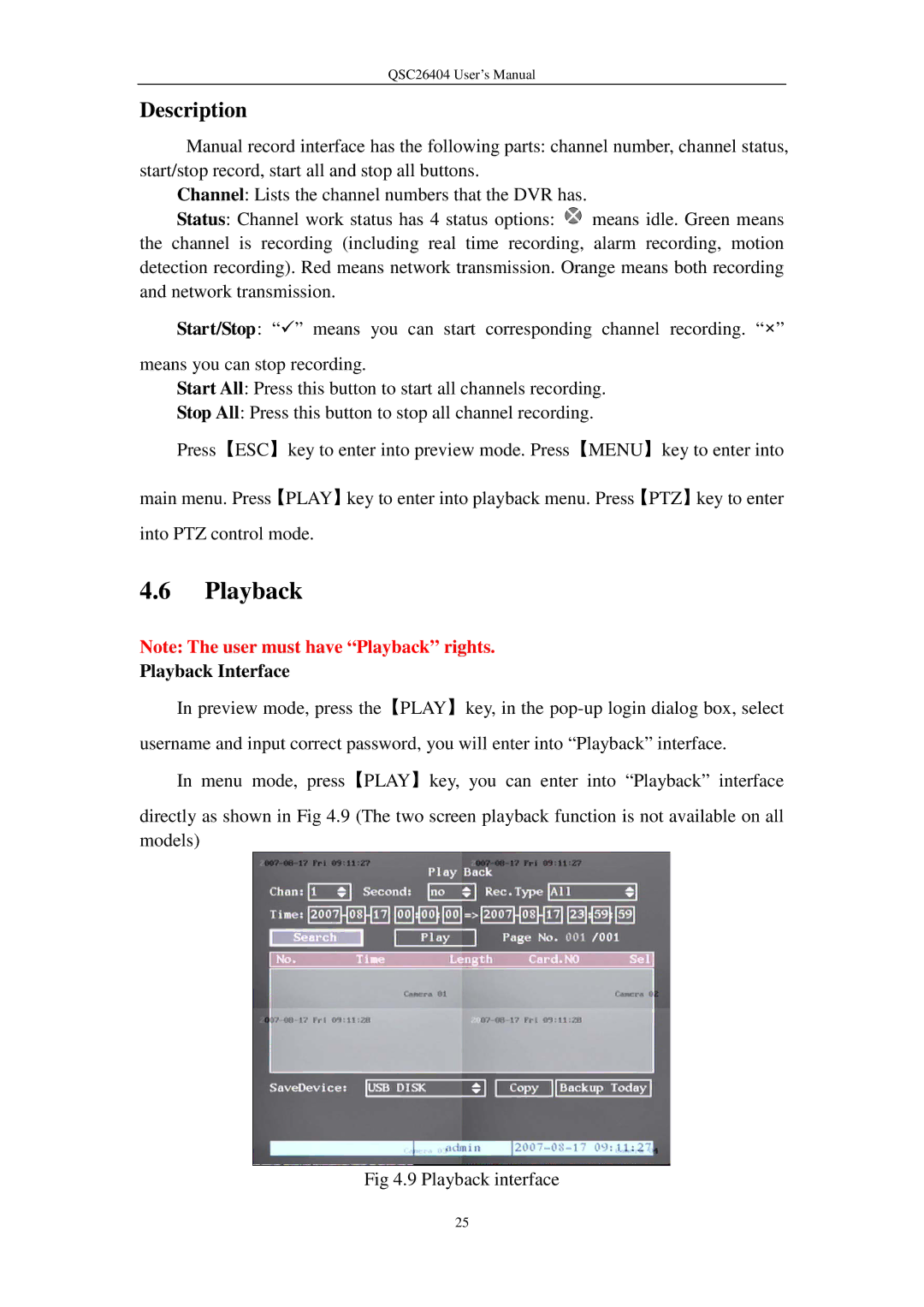 Q-See QSC26404 user manual Playback, Description 