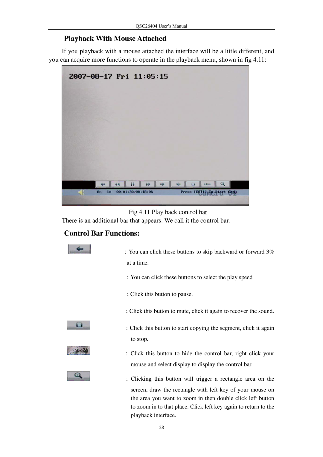 Q-See QSC26404 user manual Playback With Mouse Attached, Control Bar Functions 