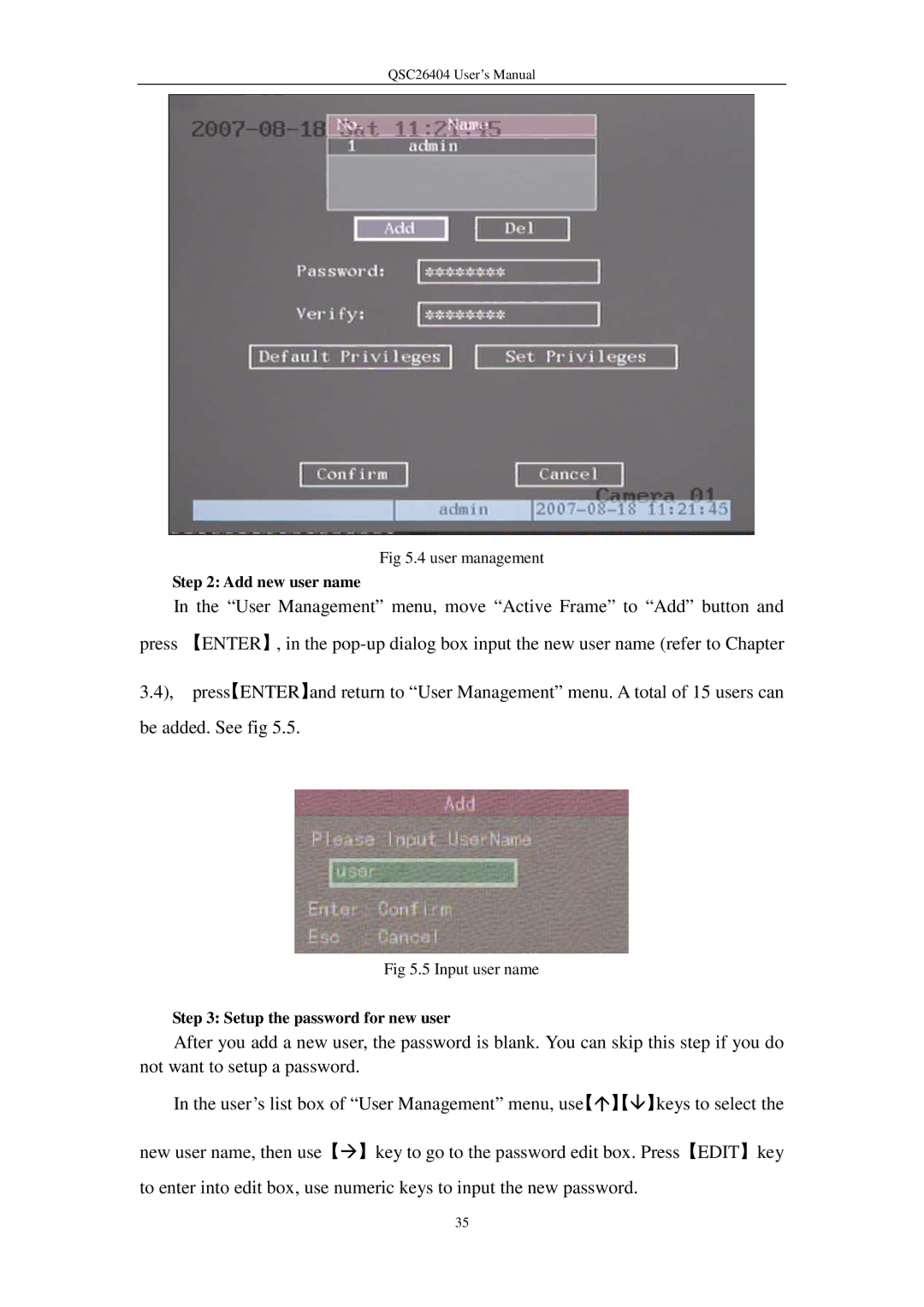 Q-See QSC26404 user manual Add new user name, Setup the password for new user 