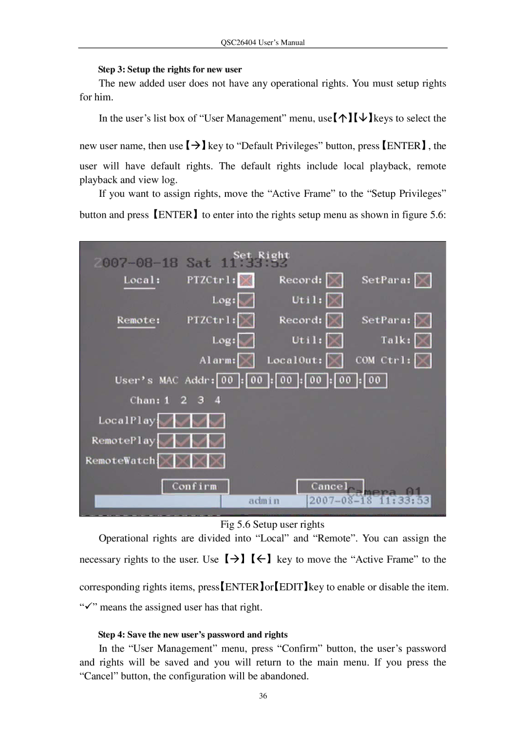 Q-See QSC26404 user manual Setup the rights for new user, Save the new user’s password and rights 