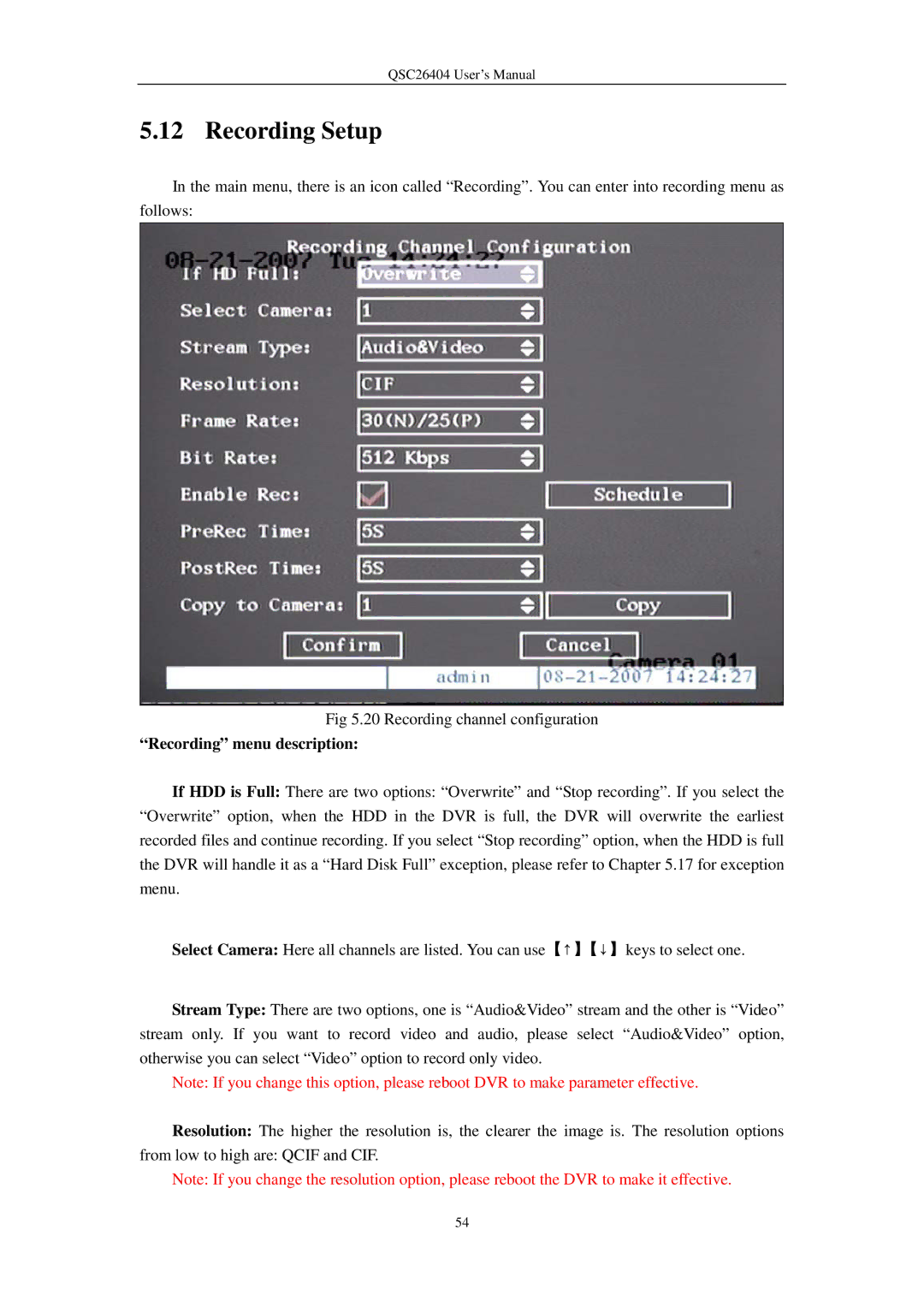 Q-See QSC26404 user manual Recording Setup, Recording menu description 