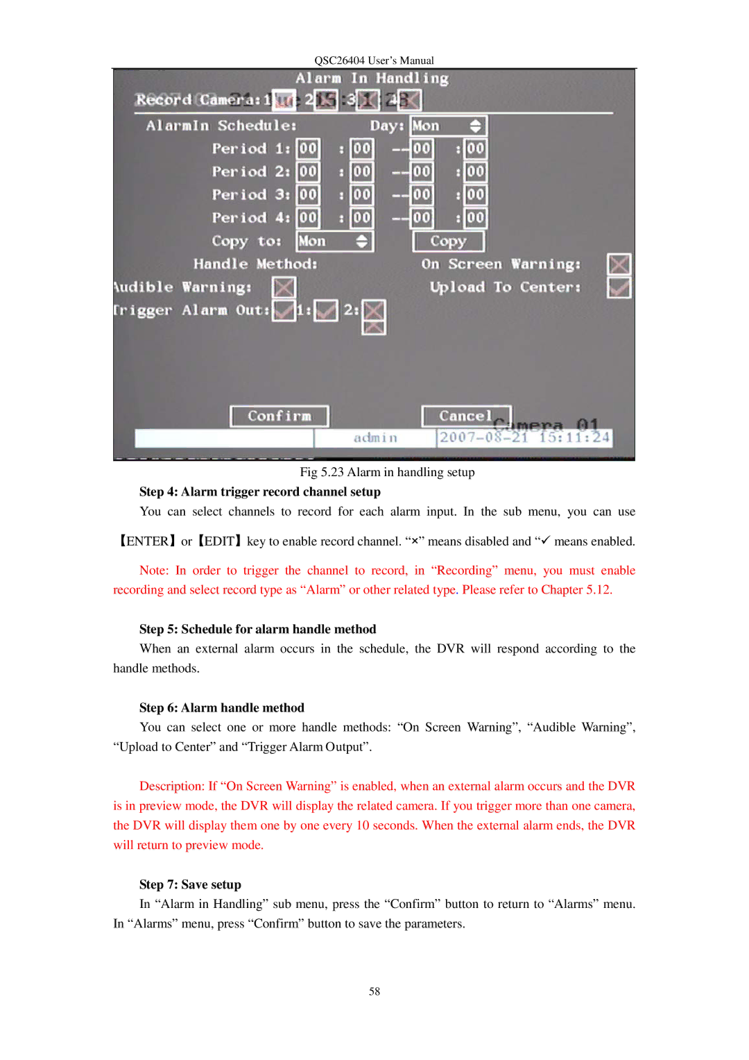 Q-See QSC26404 Alarm trigger record channel setup, Schedule for alarm handle method, Alarm handle method, Save setup 