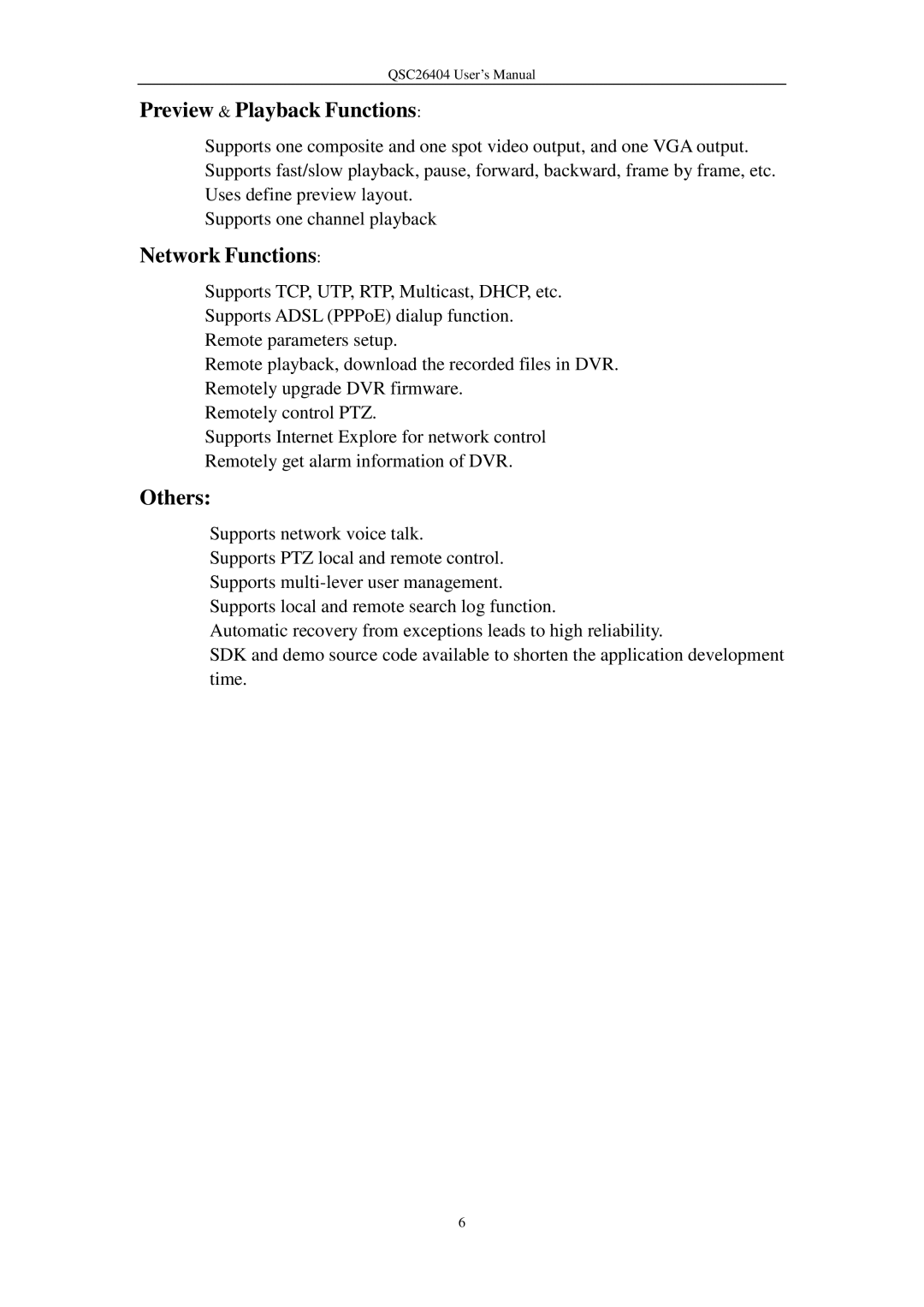 Q-See QSC26404 user manual Preview & Playback Functions, Network Functions, Others 