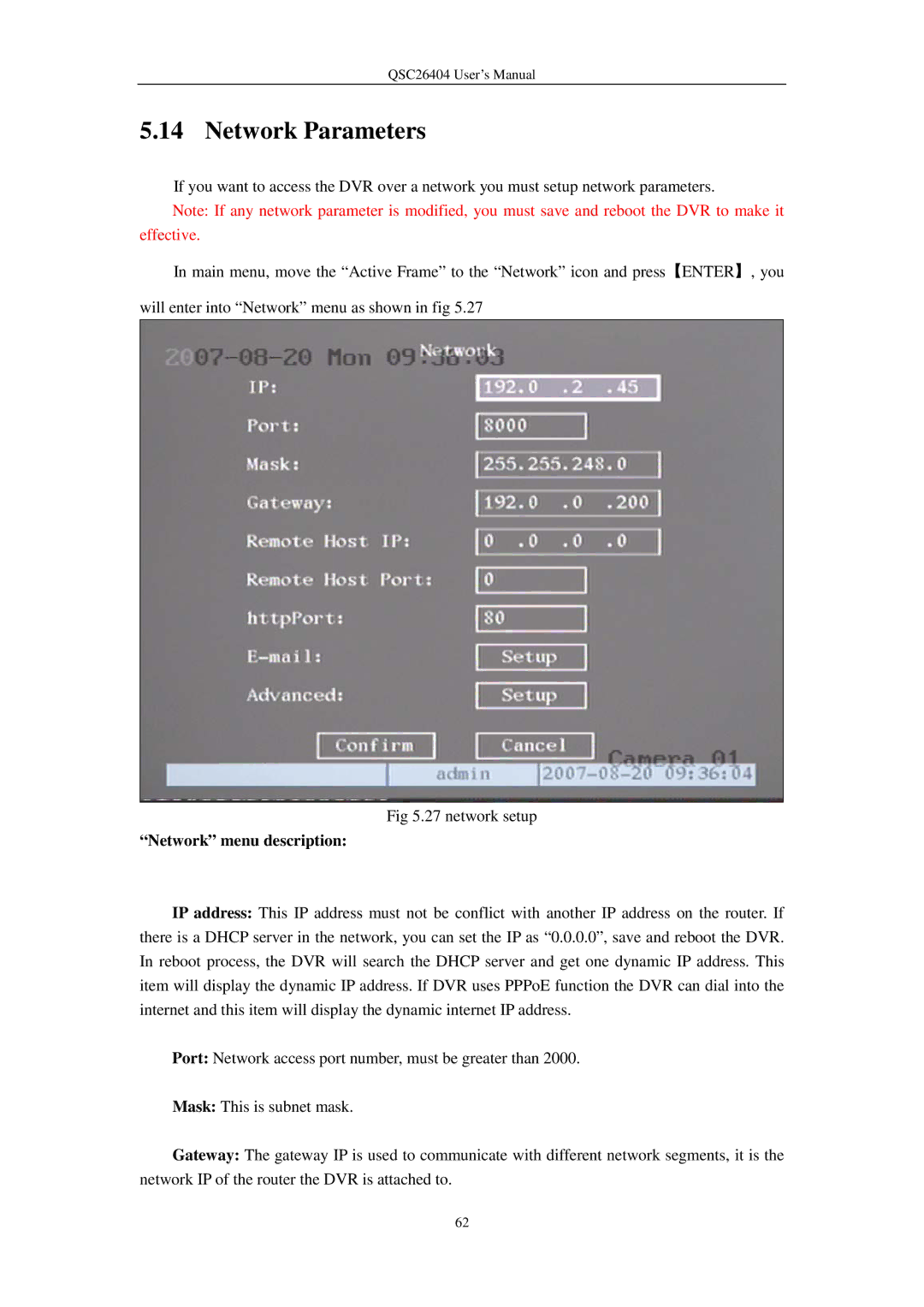 Q-See QSC26404 user manual Network Parameters, Network menu description 