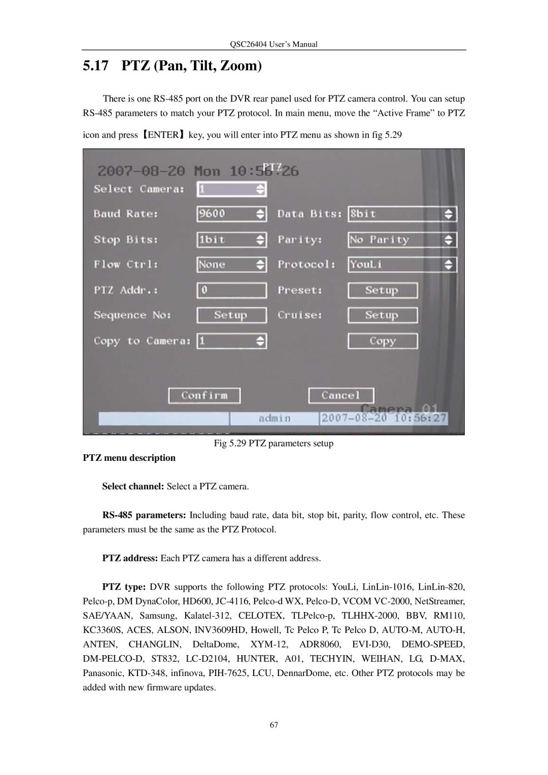 Q-See QSC26404 user manual PTZ Pan, Tilt, Zoom, PTZ menu description 