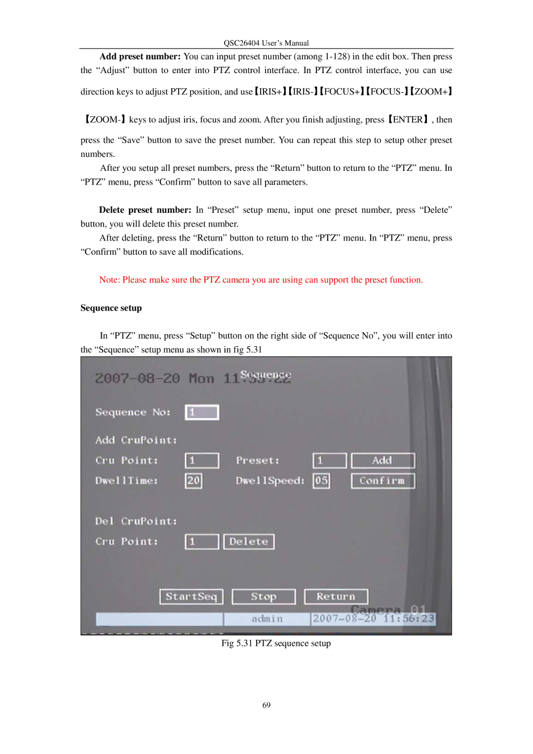 Q-See QSC26404 user manual Sequence setup 