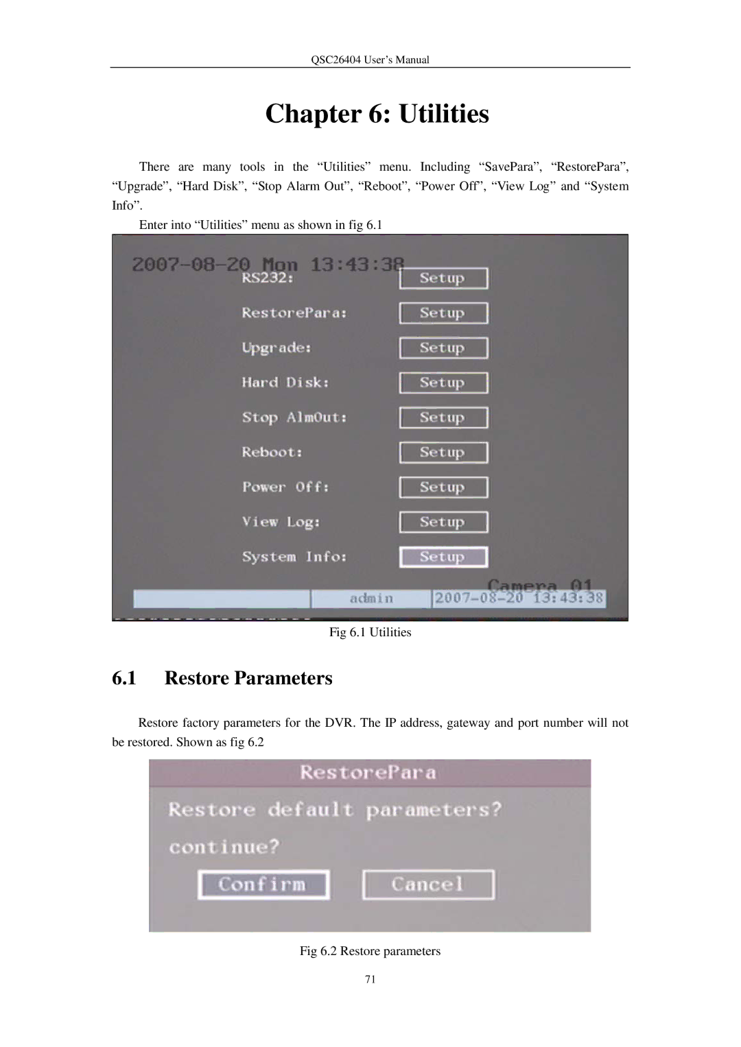 Q-See QSC26404 user manual Utilities, Restore Parameters 