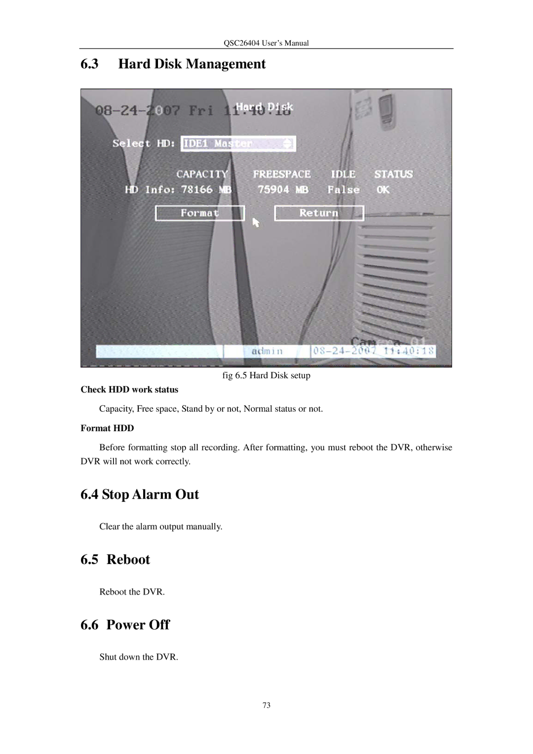 Q-See QSC26404 user manual Hard Disk Management, Stop Alarm Out, Reboot, Power Off 