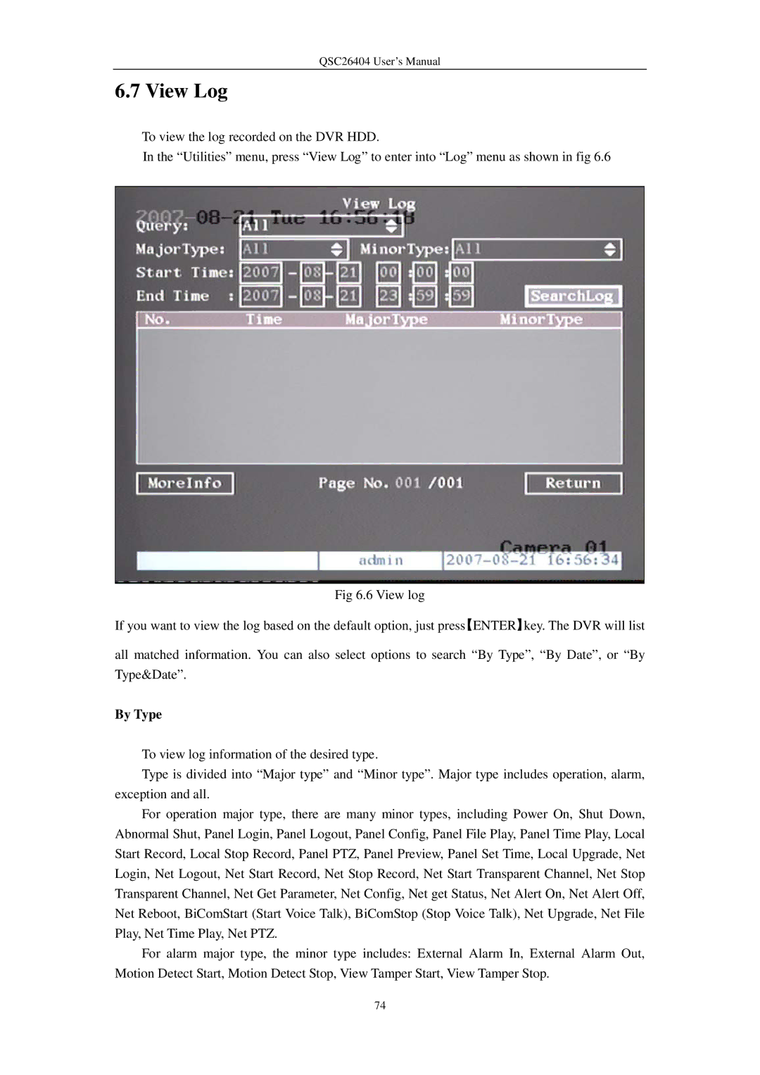 Q-See QSC26404 user manual View Log, By Type 