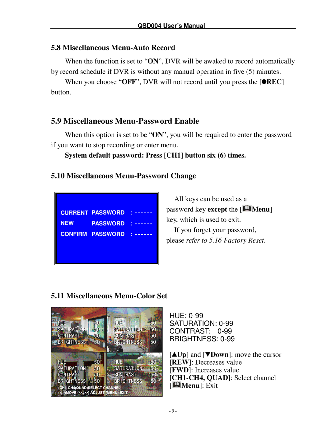 Q-See QSD004 manual Miscellaneous Menu-Auto Record, Miscellaneous Menu-Password Change, Miscellaneous Menu-Color Set 