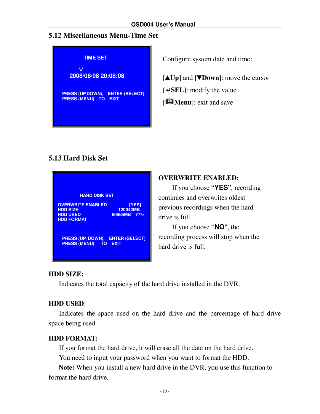 Q-See QSD004 manual Miscellaneous Menu-Time Set, Hard Disk Set 