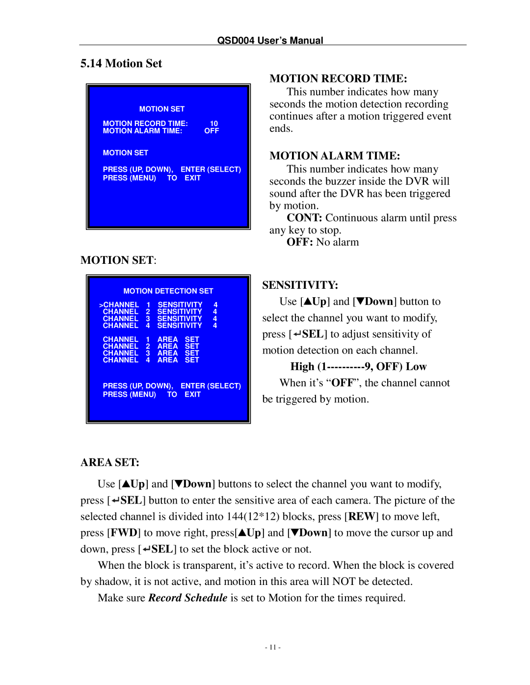 Q-See QSD004 manual Motion Set, Motion SET Motion Record Time 