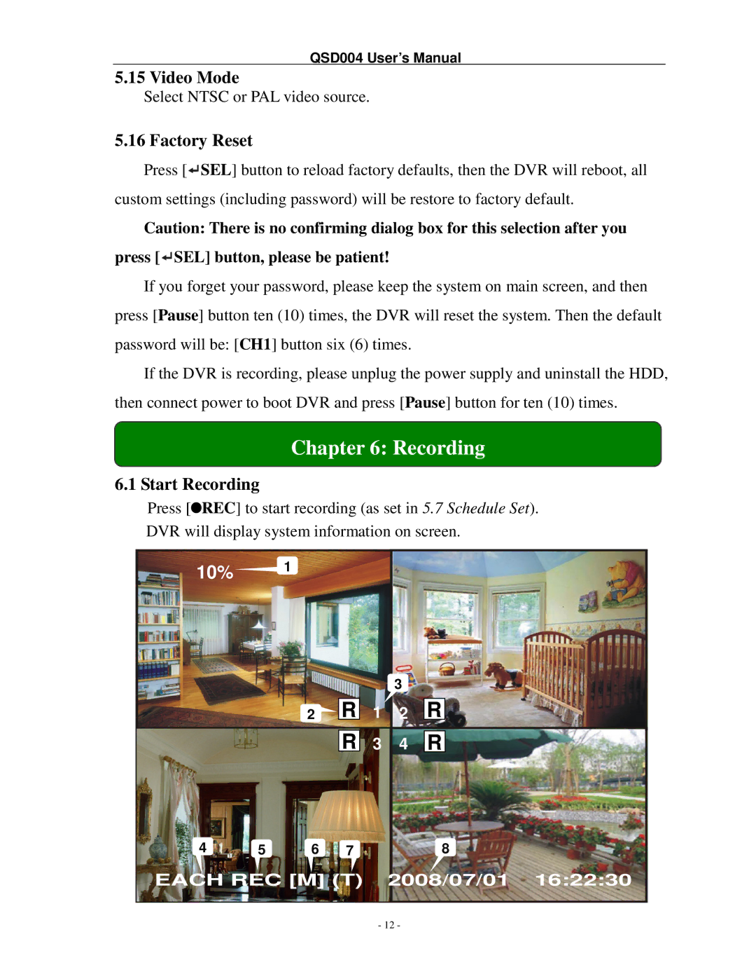 Q-See QSD004 manual Video Mode, Factory Reset, Start Recording 
