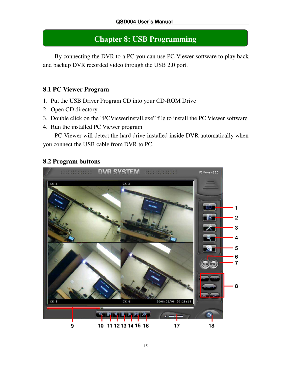 Q-See QSD004 manual USB Programming, PC Viewer Program, Program buttons 