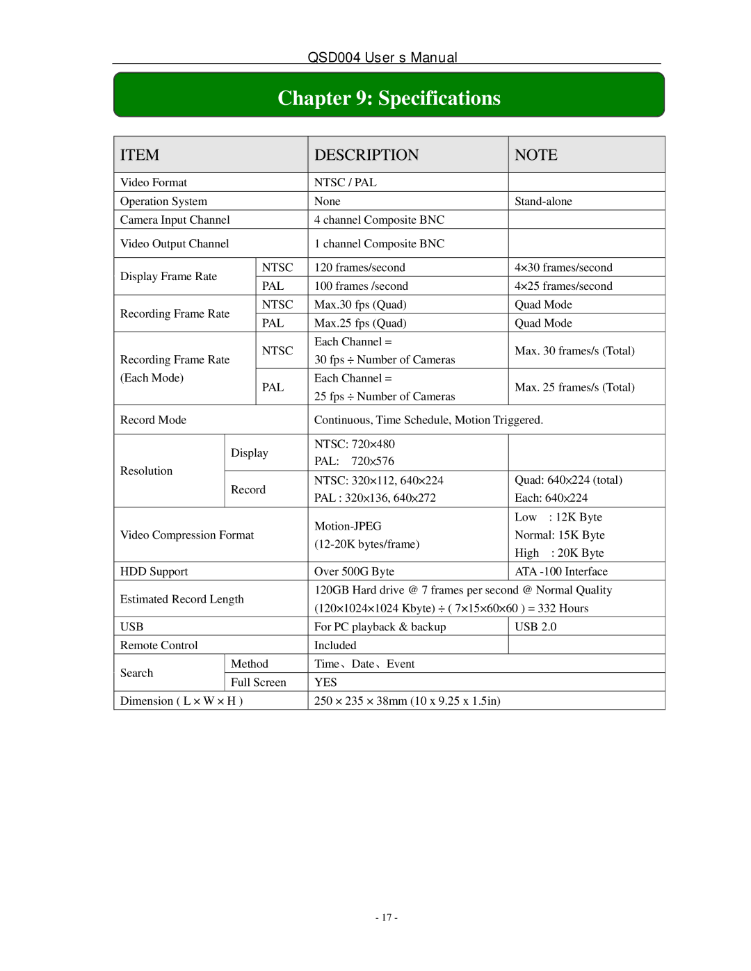 Q-See QSD004 manual Specifications, Description 