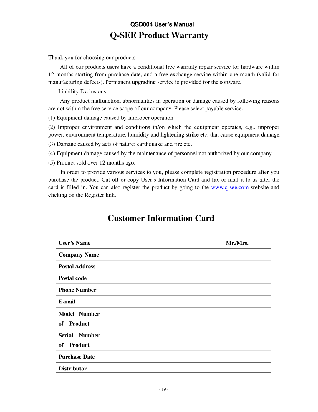 Q-See QSD004 manual See Product Warranty, Customer Information Card 