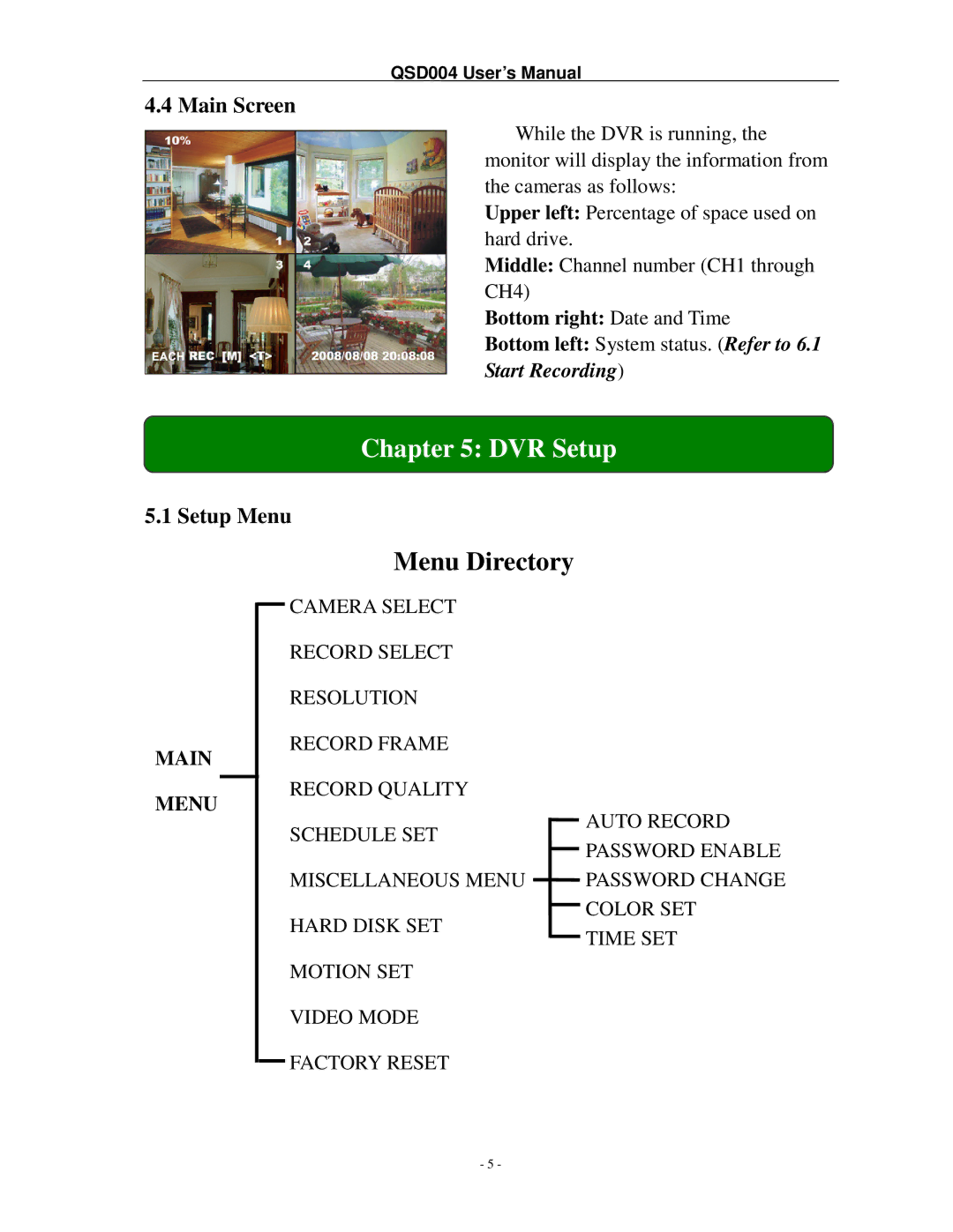 Q-See QSD004 manual DVR Setup, Menu Directory, Main Screen, Setup Menu 