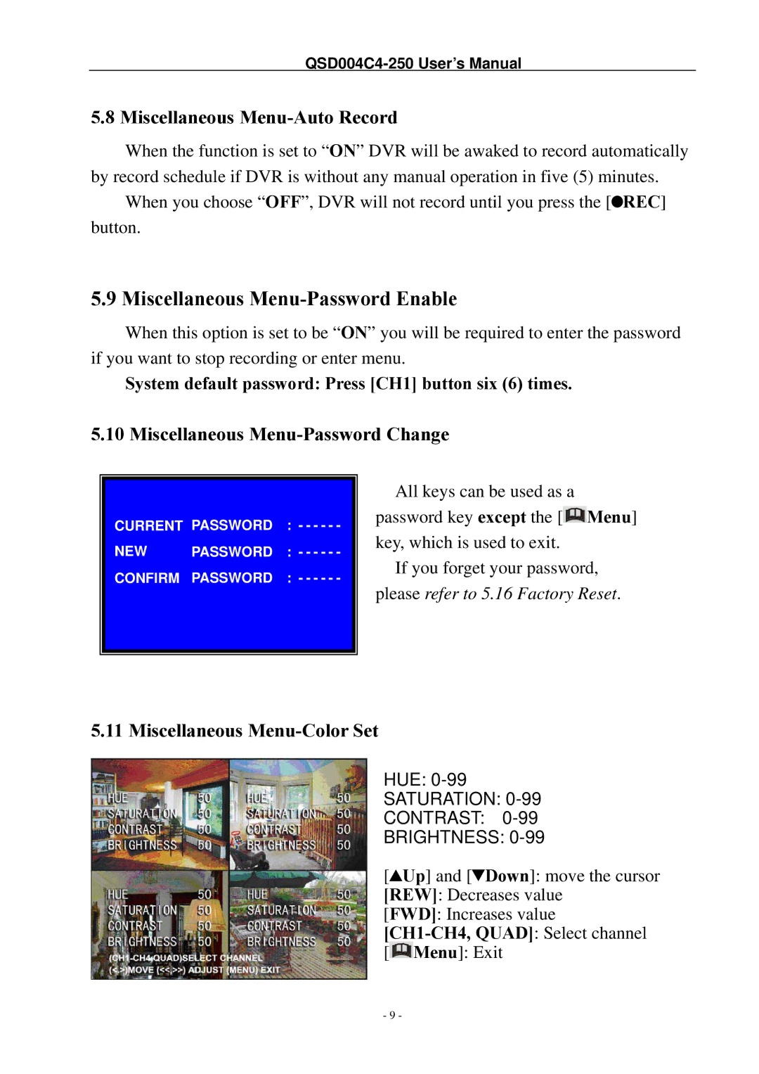 Q-See QSD004C4-250 manual Miscellaneous Menu-Auto Record, Miscellaneous Menu-Password Change, Miscellaneous Menu-Color Set 