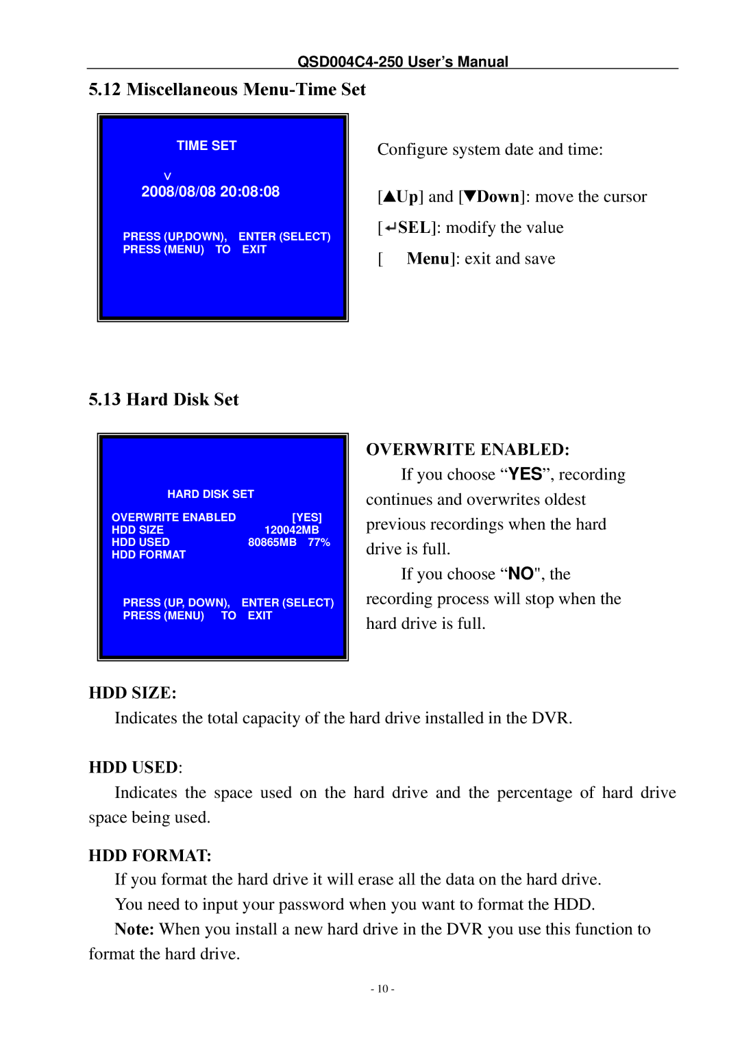 Q-See QSD004C4-250 manual Miscellaneous Menu-Time Set, Hard Disk Set 