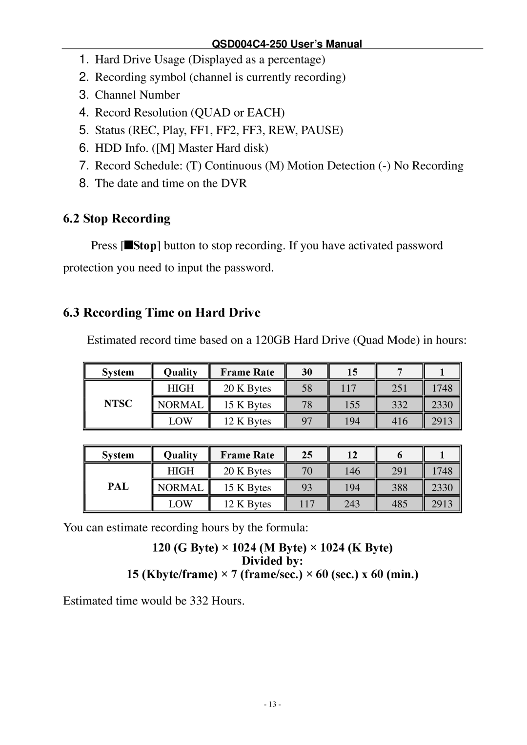 Q-See QSD004C4-250 manual Stop Recording, Recording Time on Hard Drive 