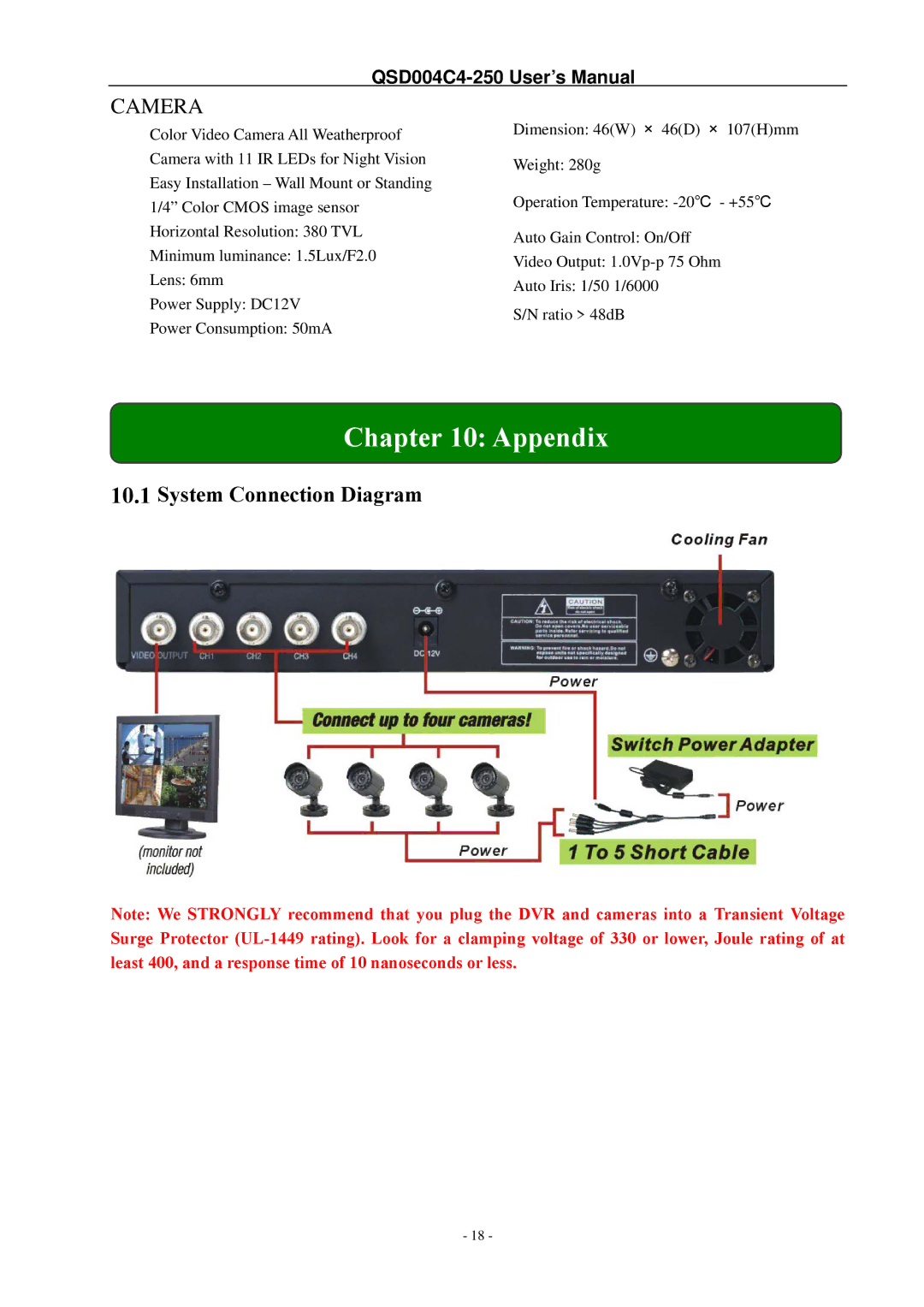 Q-See QSD004C4-250 manual Appendix, Camera 