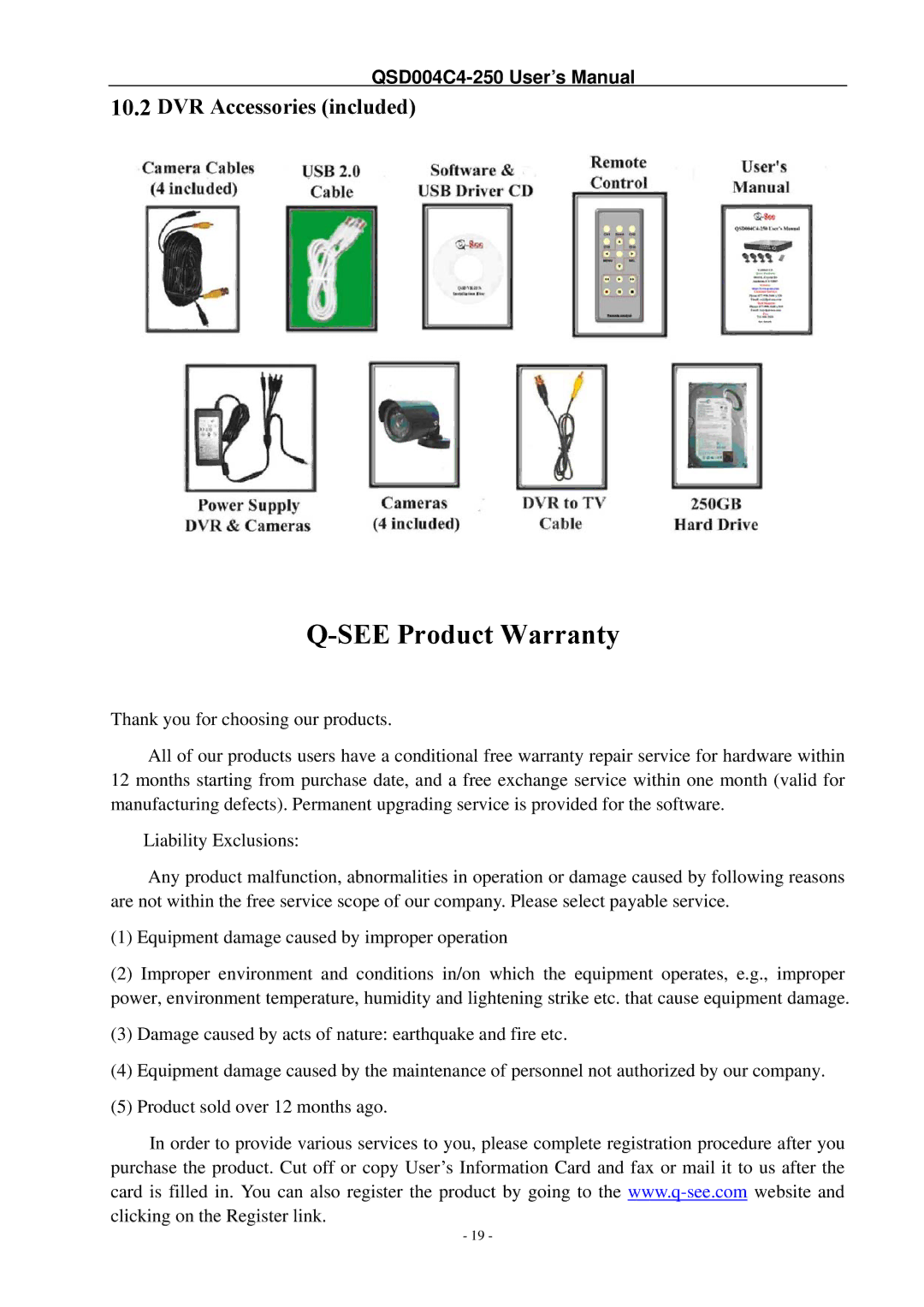 Q-See QSD004C4-250 manual See Product Warranty 