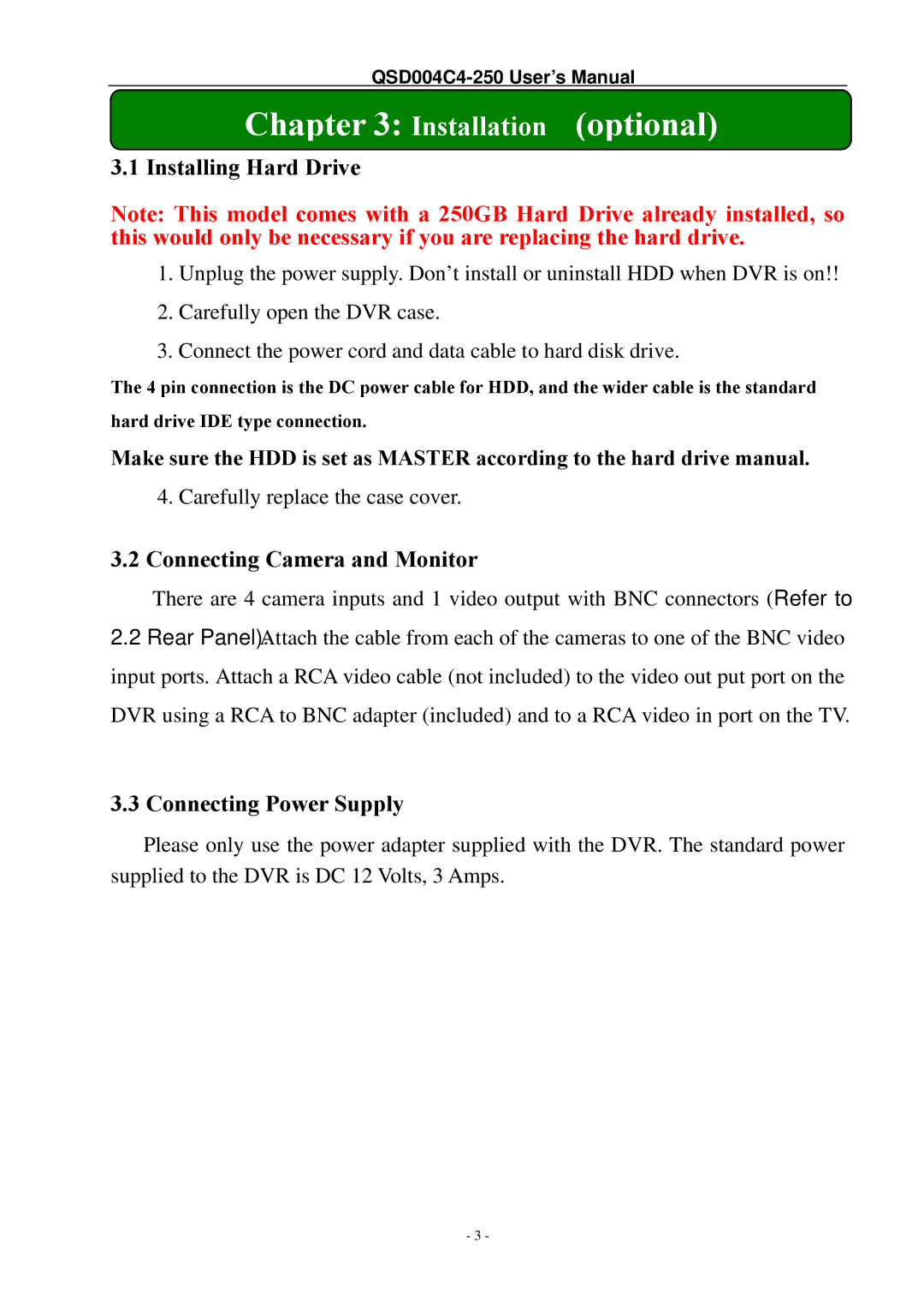 Q-See QSD004C4-250 manual Installing Hard Drive, Connecting Camera and Monitor, Connecting Power Supply 