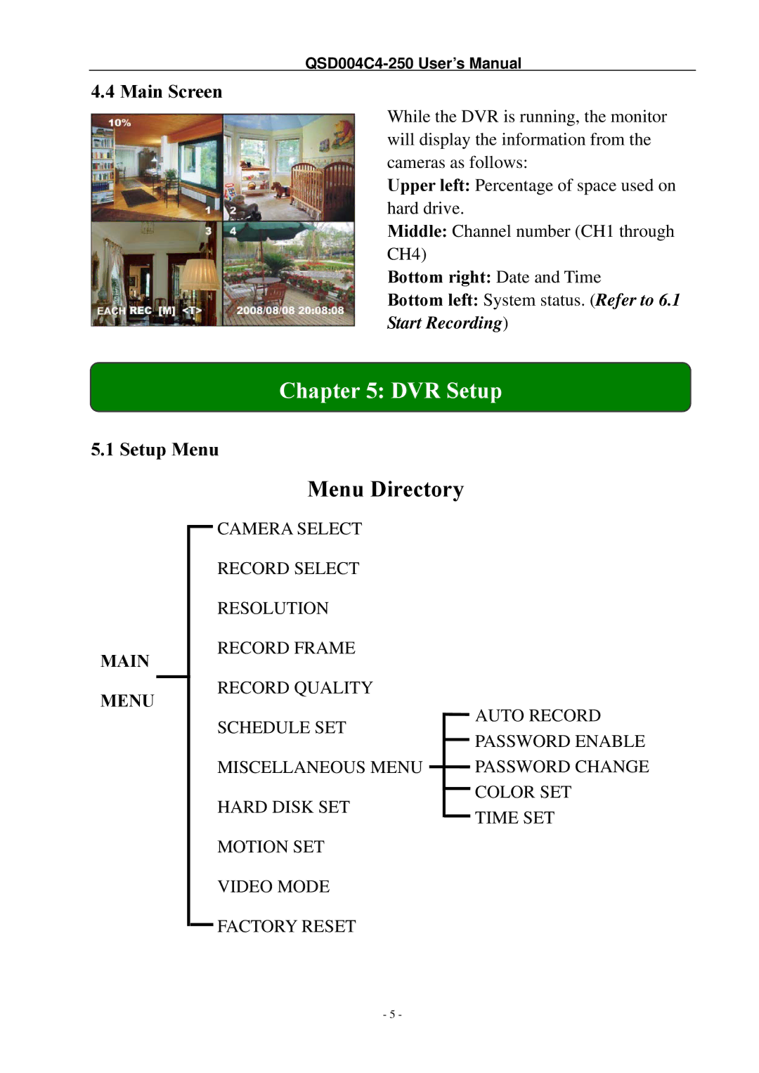 Q-See QSD004C4-250 manual DVR Setup, Menu Directory, Main Screen, Setup Menu 