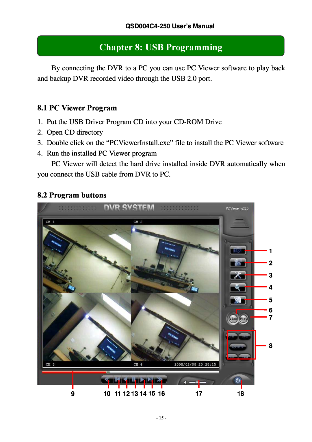 Q-See QSD004C4-250 manual USB Programming, PC Viewer Program, Program buttons 