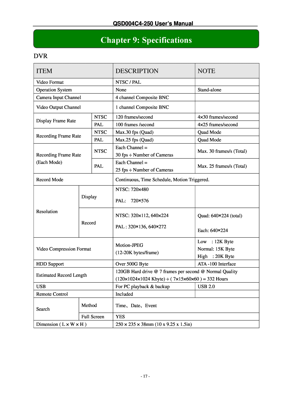 Q-See QSD004C4-250 manual Specifications, Description 