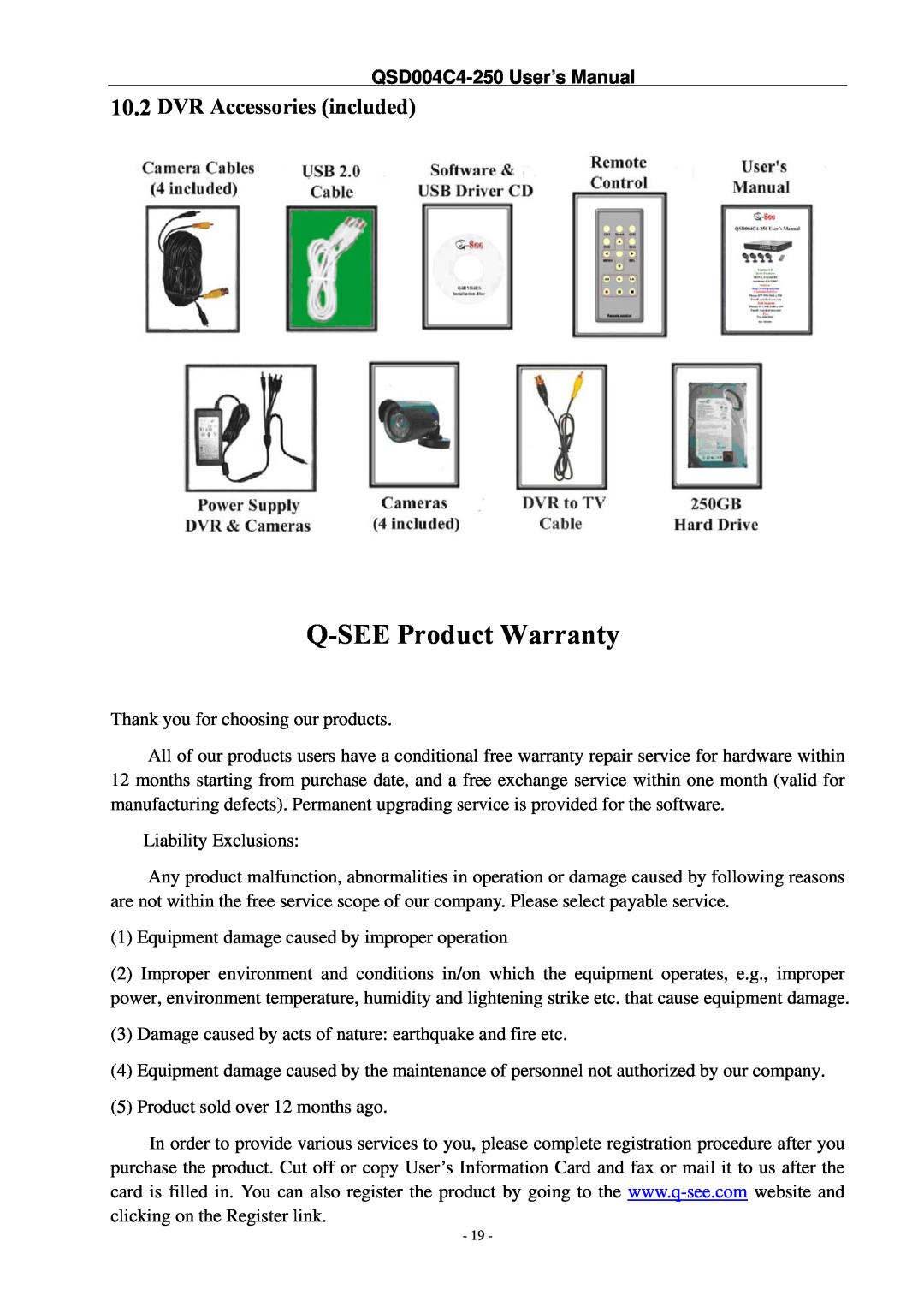 Q-See QSD004C4-250 manual Q-SEEProduct Warranty, 10.2DVR Accessories included 