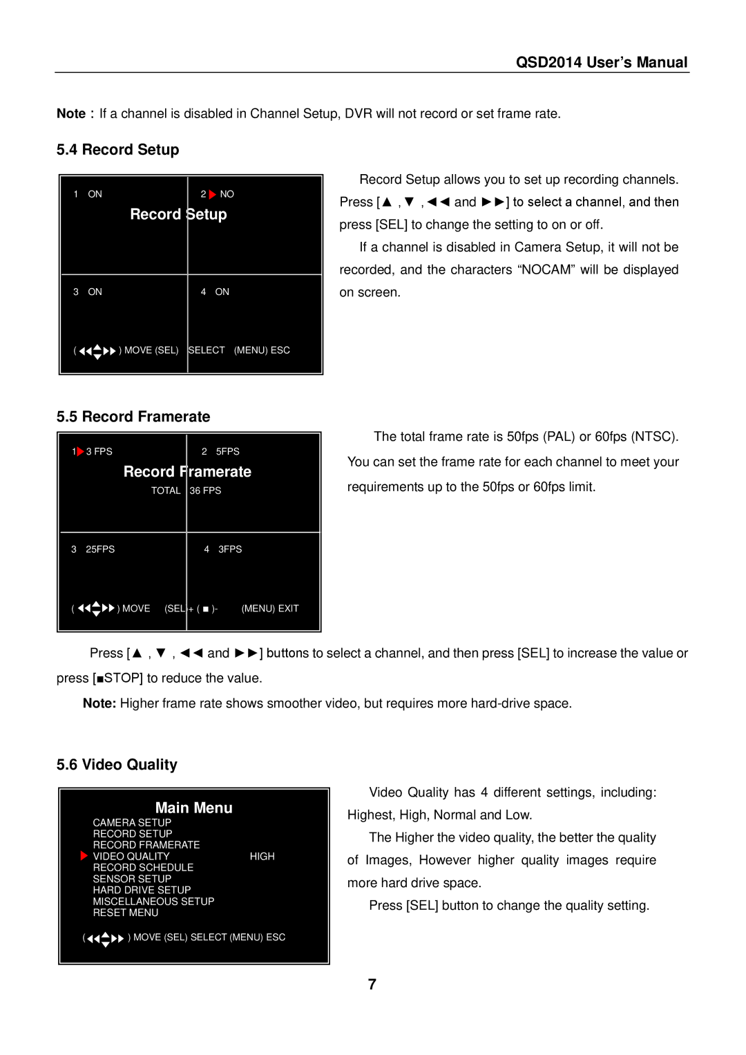 Q-See QSD2014 user manual Record Setup, Record Framerate, Main Menu 