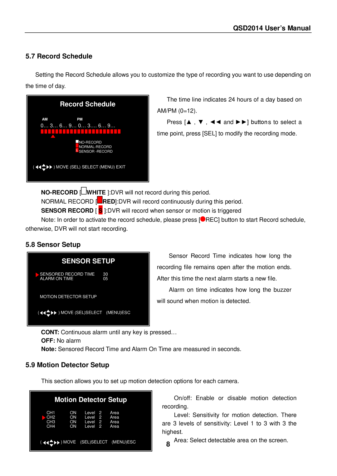 Q-See QSD2014 user manual Record Schedule, Sensor Setup, Motion Detector Setup 