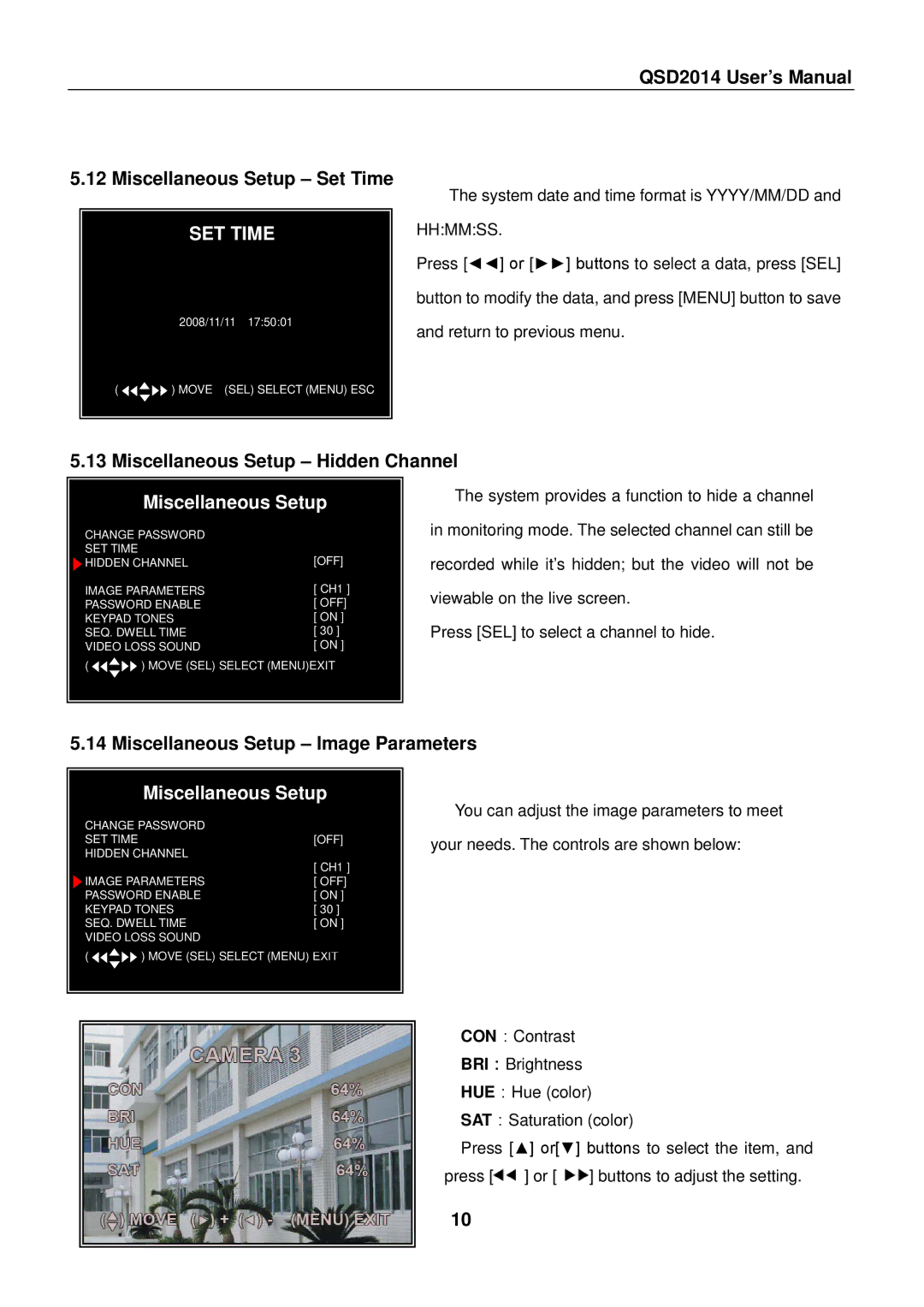 Q-See user manual QSD2014 User’s Manual Miscellaneous Setup Set Time, SET Time, Miscellaneous Setup Hidden Channel 