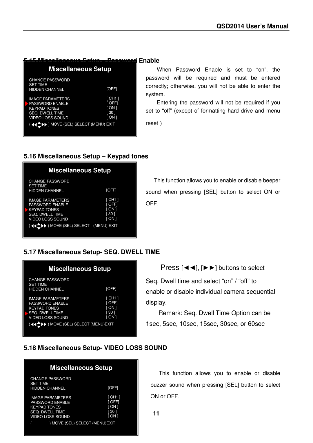 Q-See QSD2014 User’s Manual Miscellaneous Setup Password Enable, Miscellaneous Setup Keypad tones Miscellaneous Setup 