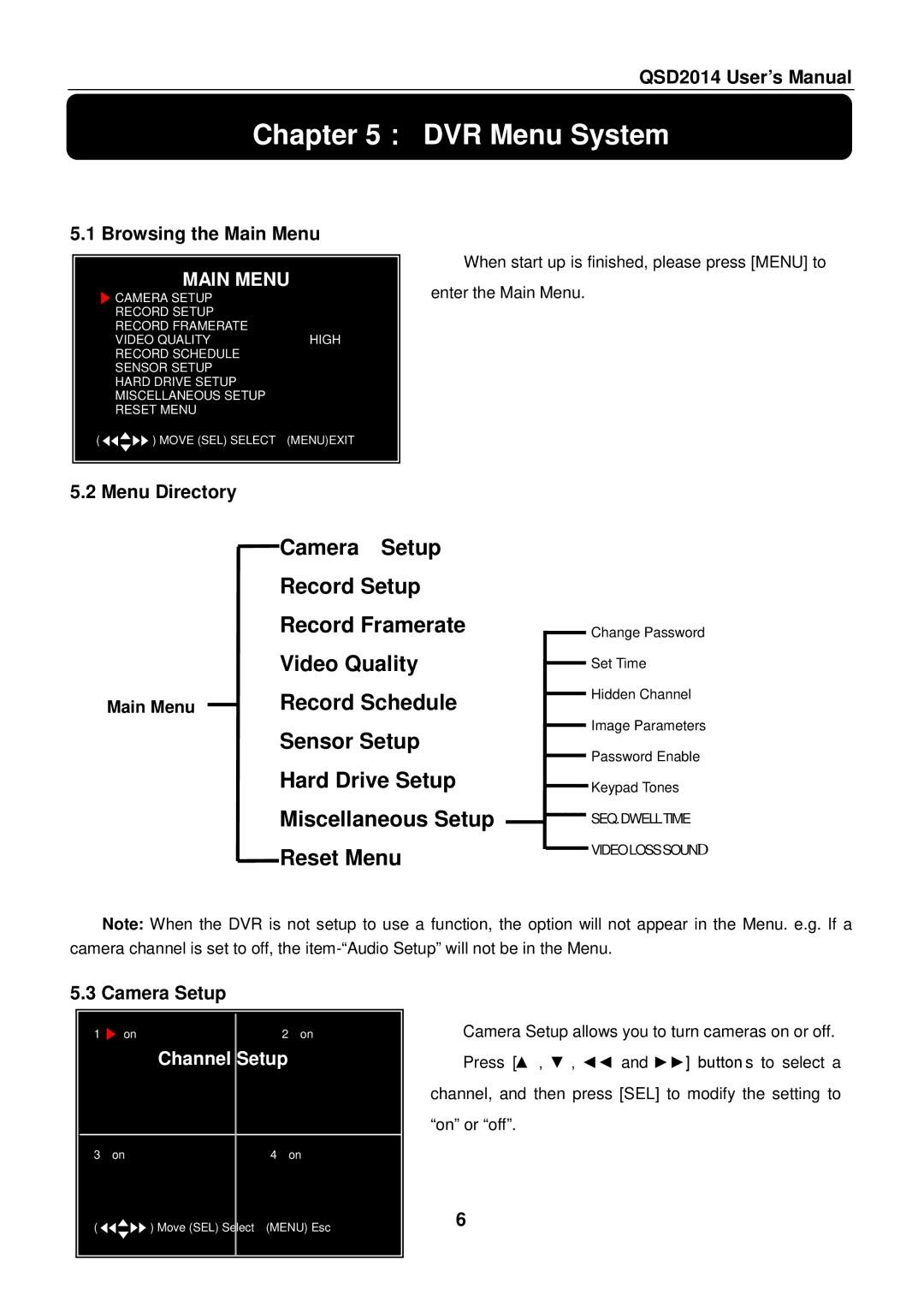 Q-See QSD2014 user manual ： DVR Menu System, Main Menu, Channel Setup 