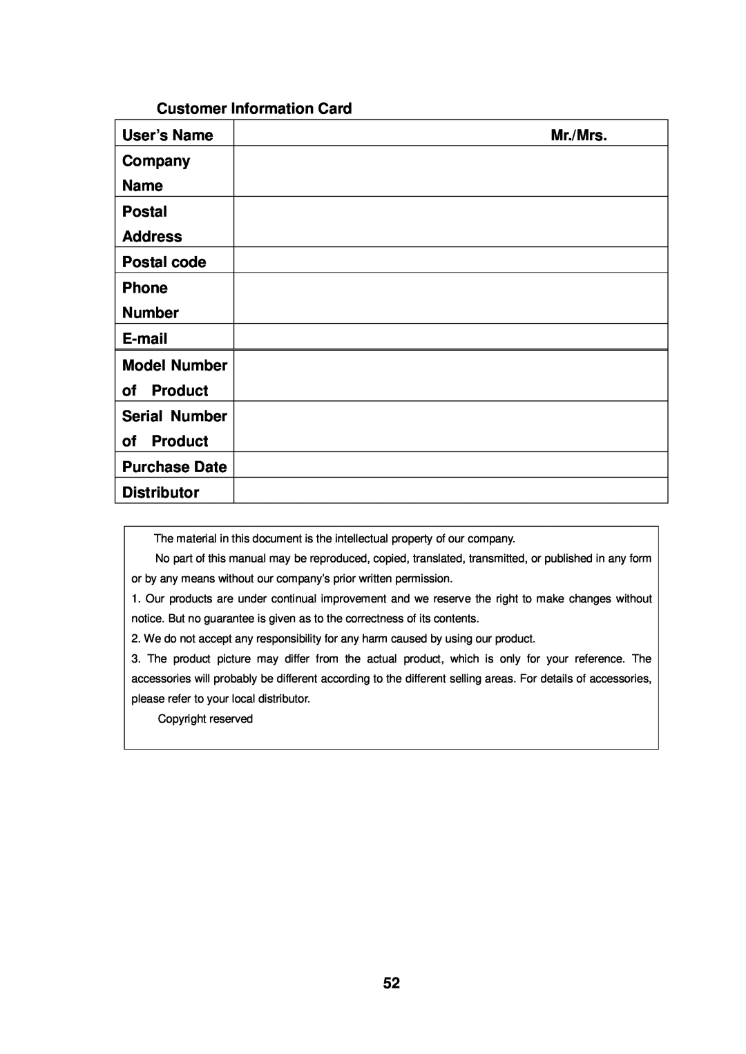 Q-See QSD2216 manual Customer Information Card User’s NameMr./Mrs Company Name Postal 