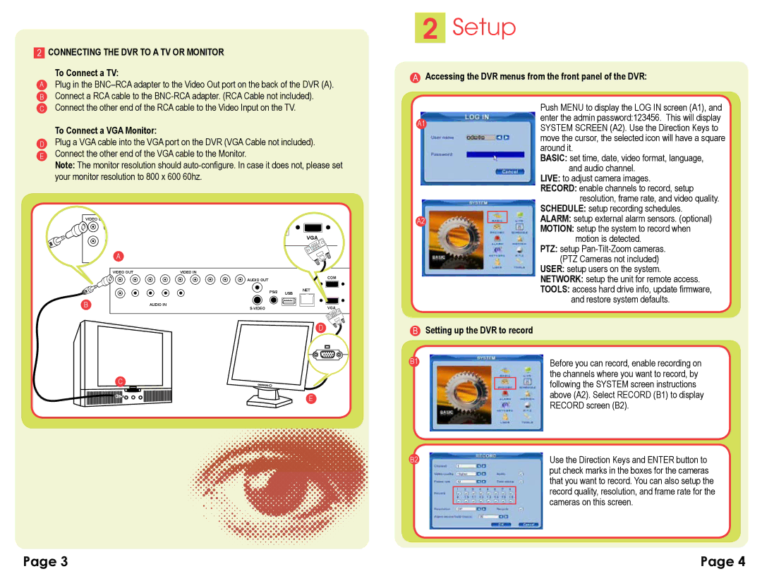 Q-See QSD2308C8 manual Setup, Connecting the DVR to a TV or Monitor 