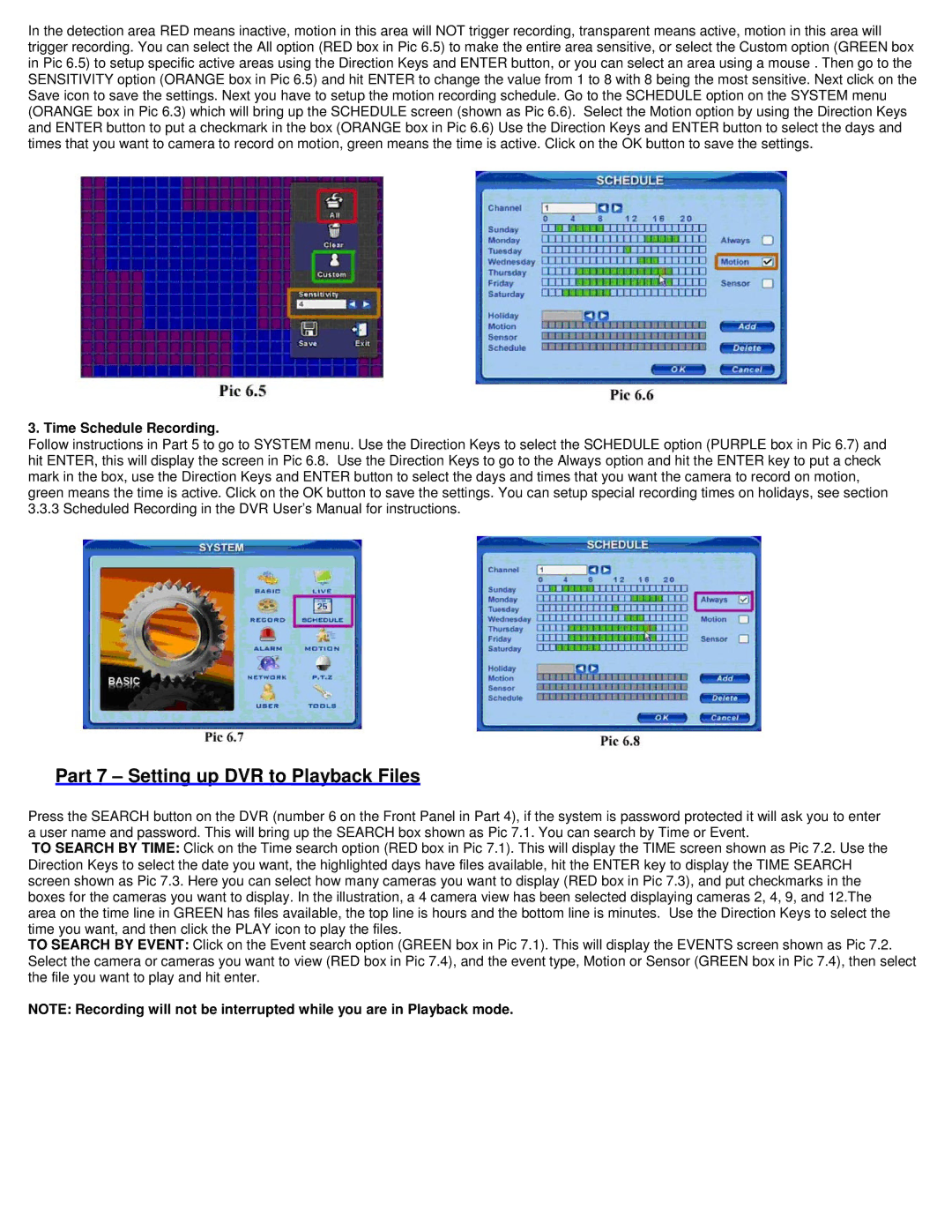 Q-See QSD2316C16-500 manual Part 7 Setting up DVR to Playback Files, Time Schedule Recording 