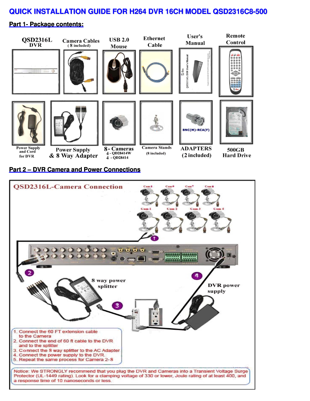 Q-See QSD2316C8-500 manual Part 1- Package contents Part 2 - DVR Camera and Power Connections 