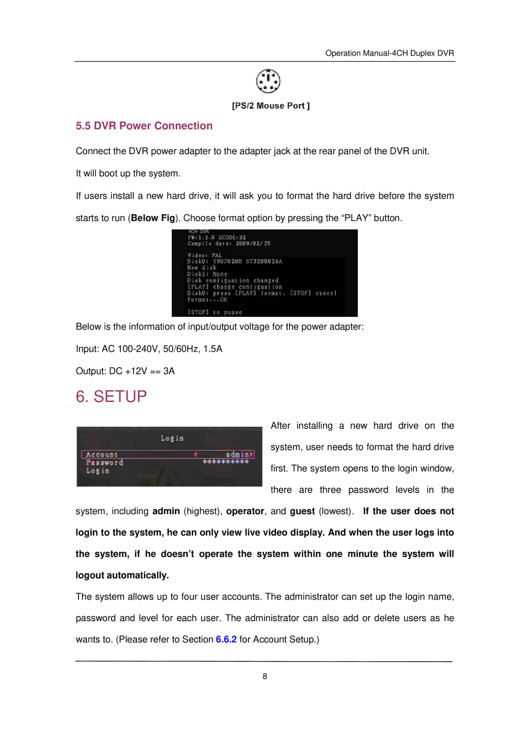 Q-See QSD32824-250 user manual Setup, DVR Power Connection 