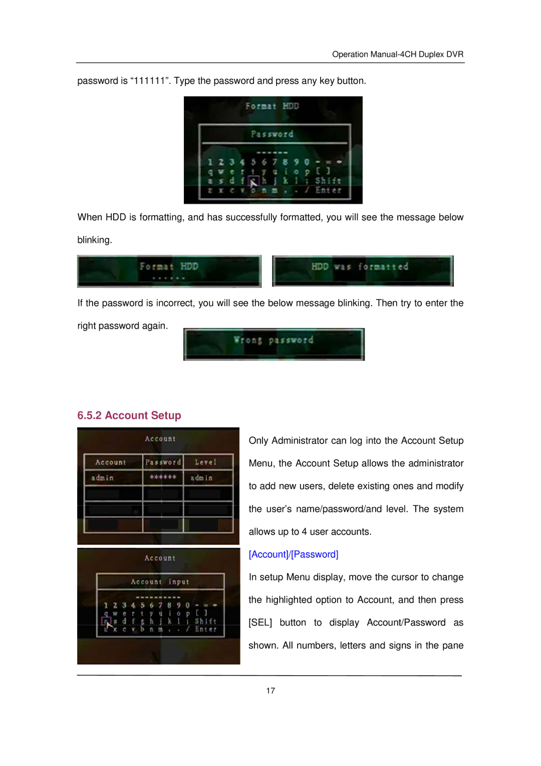 Q-See QSD32824-250 user manual Account Setup, Account/Password 