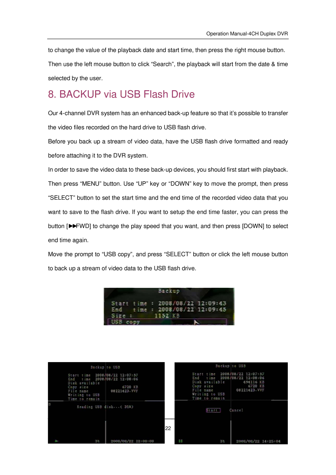 Q-See QSD32824-250 user manual Backup via USB Flash Drive 