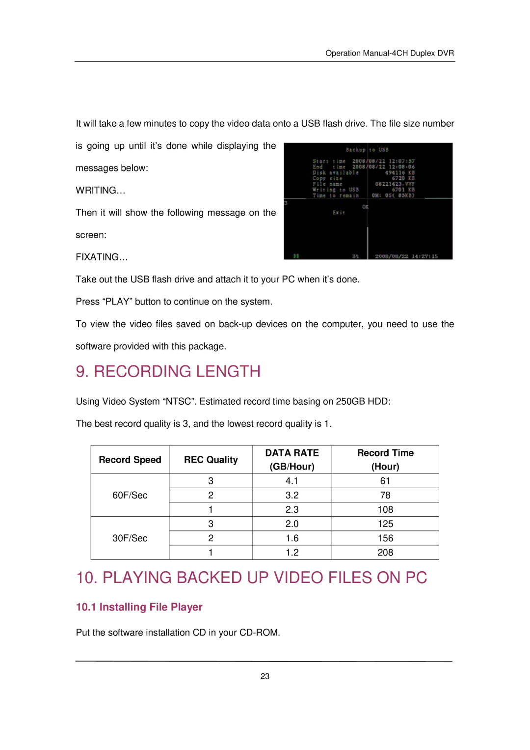 Q-See QSD32824-250 user manual Recording Length, Playing Backed UP Video Files on PC, Installing File Player 