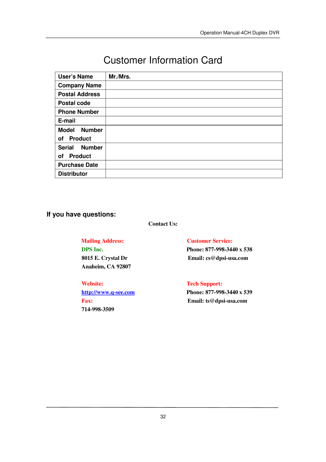 Q-See QSD32824-250 user manual Customer Information Card 