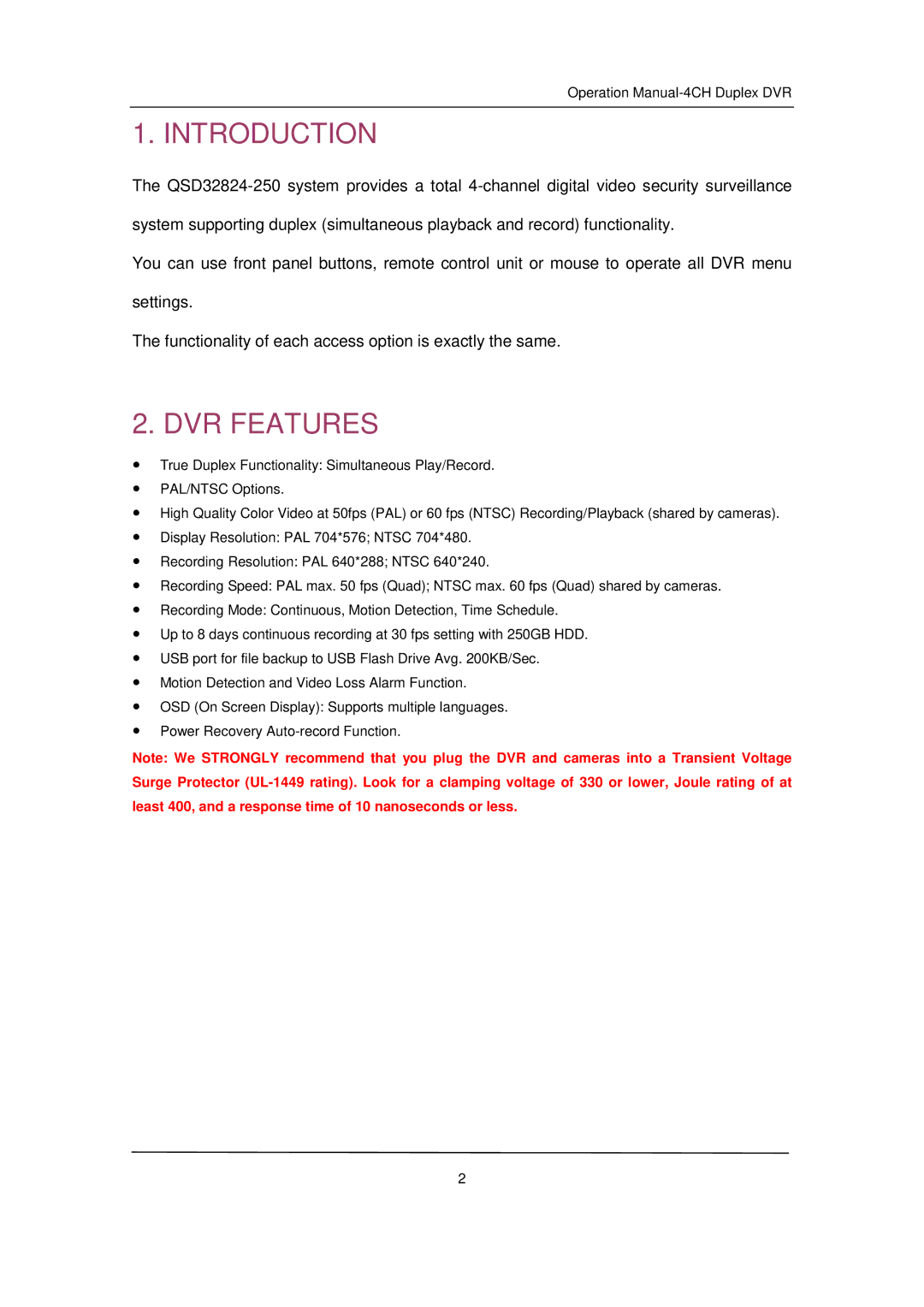 Q-See QSD32824-250 user manual Introduction, DVR Features 