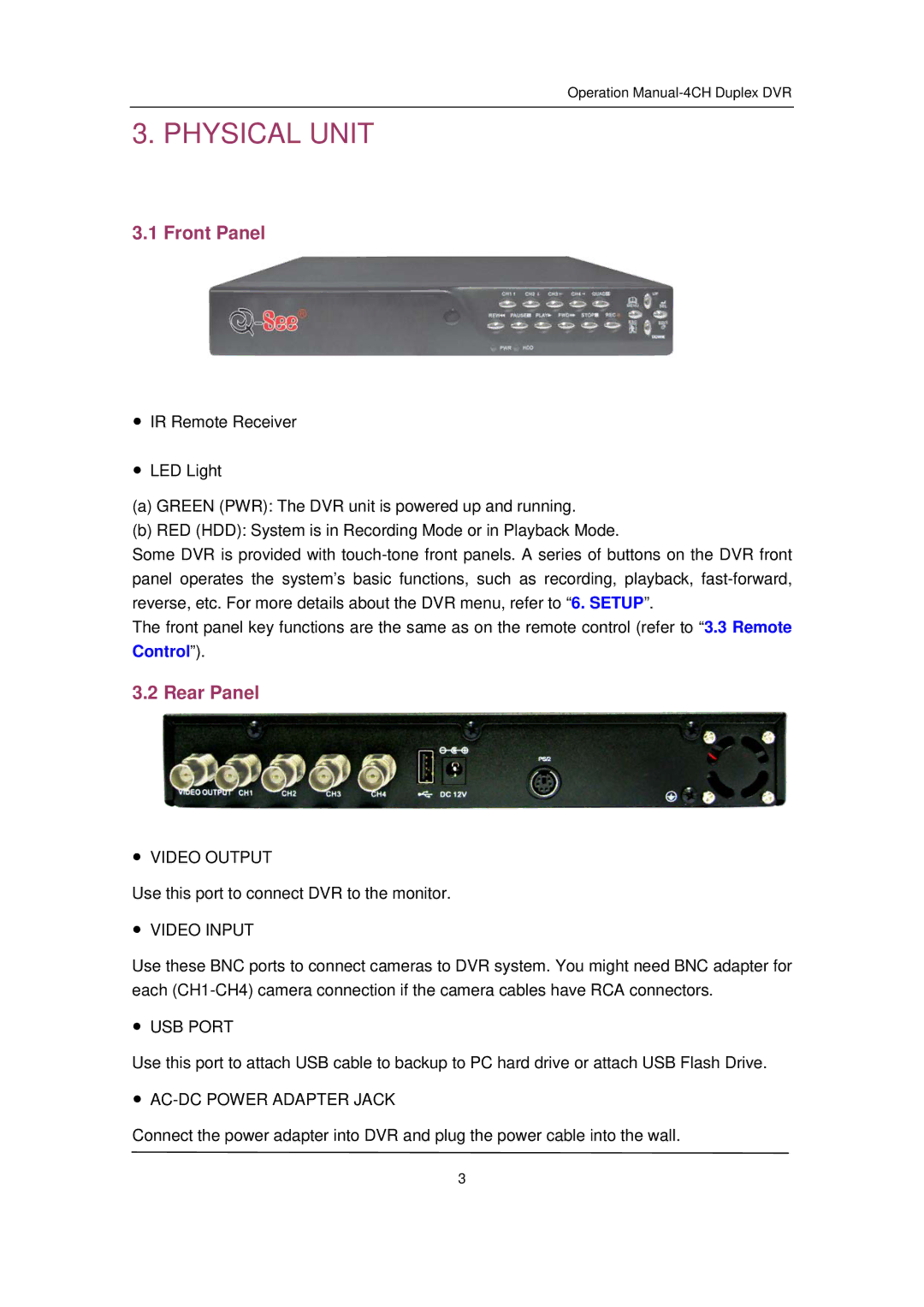 Q-See QSD32824-250 user manual Physical Unit, Front Panel, Rear Panel 