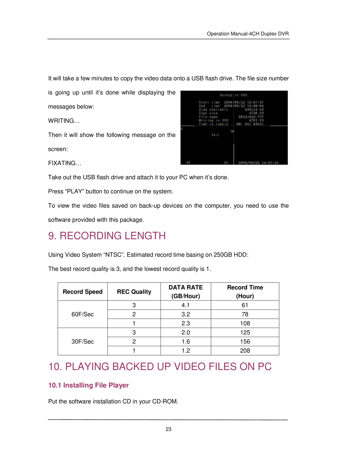 Q-See QSD32824-250 user manual Recording Length, Playing Backed Up Video Files On Pc, Installing File Player 