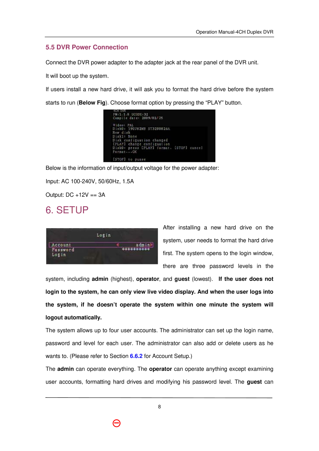 Q-See QSD371614C4-250 user manual Setup, DVR Power Connection 